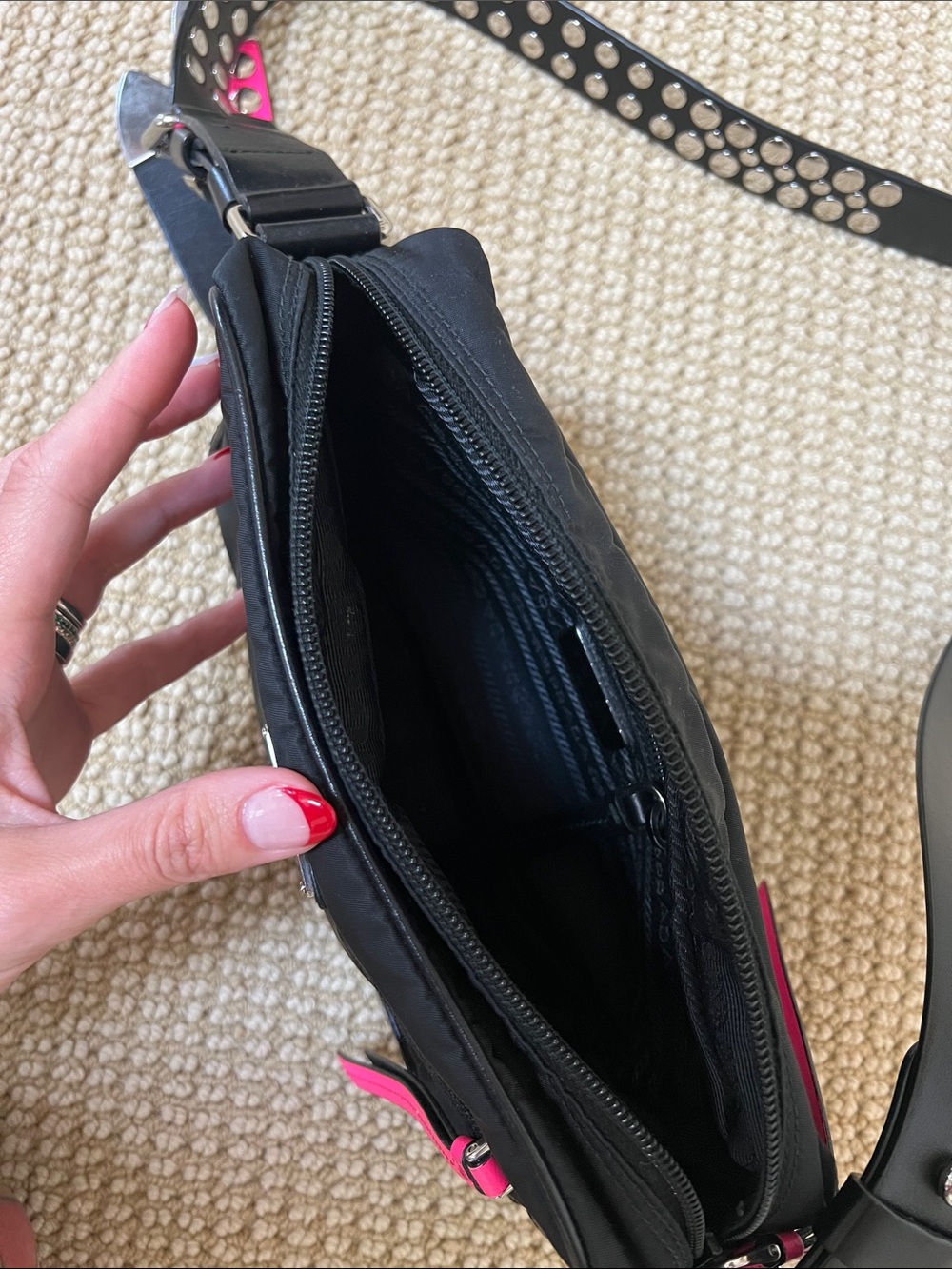 Prada Black Nylon Crossbody Bag with Pink Studded Strap Accent - Picture 4 of 6
